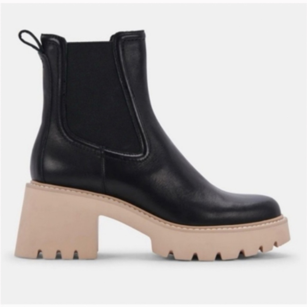 Dolce Vita Black Leather Bootie Hawk 2.0 Chunky Tan Soles